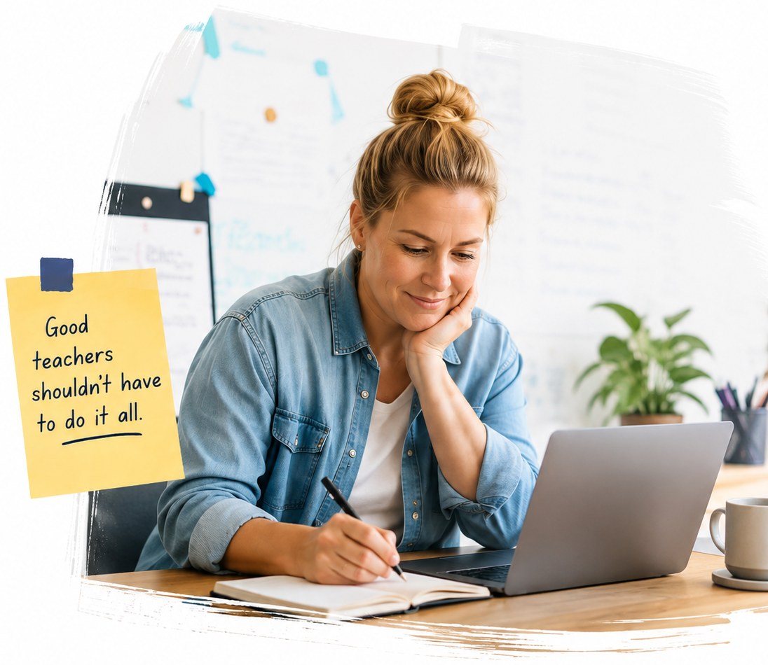A teacher writing in a notebook at her desk beside a sticky note reading: Good teachers shouldn't have to do it all.